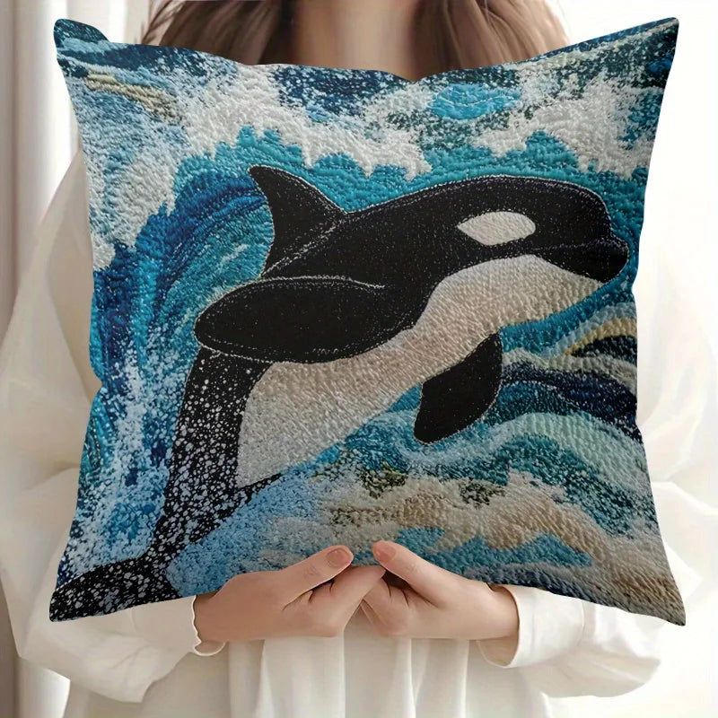 housse coussin orque vague océan bleu noir blanc moderne 100 polyester carré 45x45cm decoration