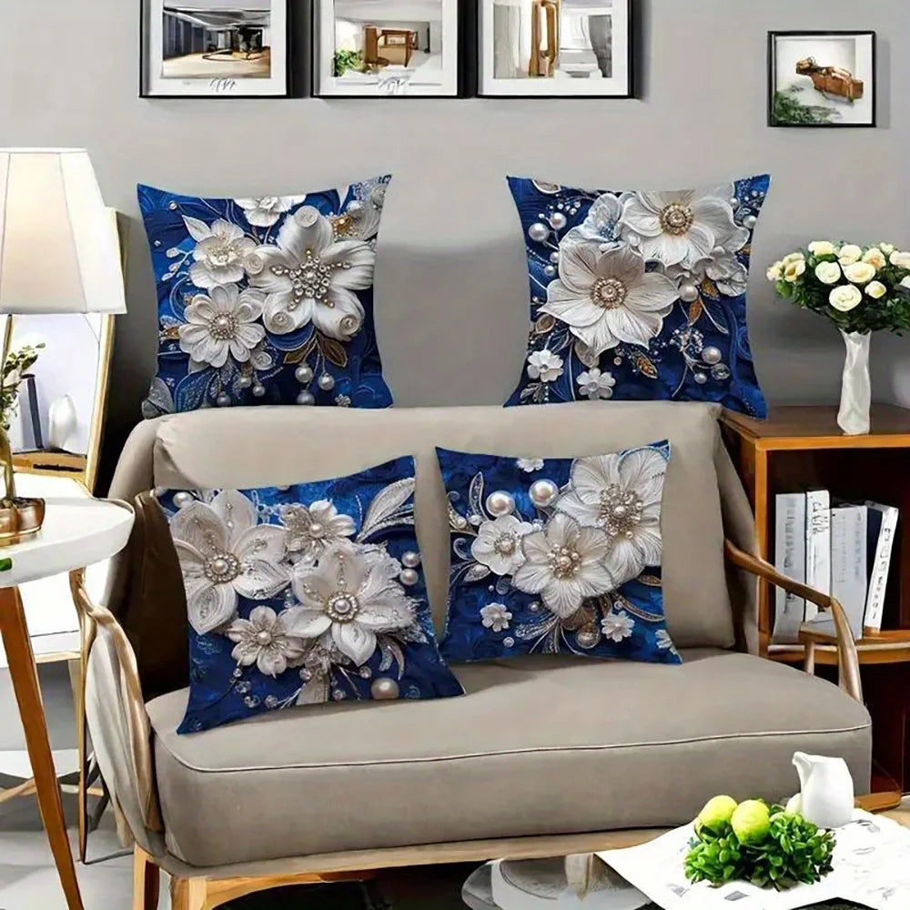 coussin élégant bleu fleurs dorées classique 45x45cm polyester casa chambre decoration