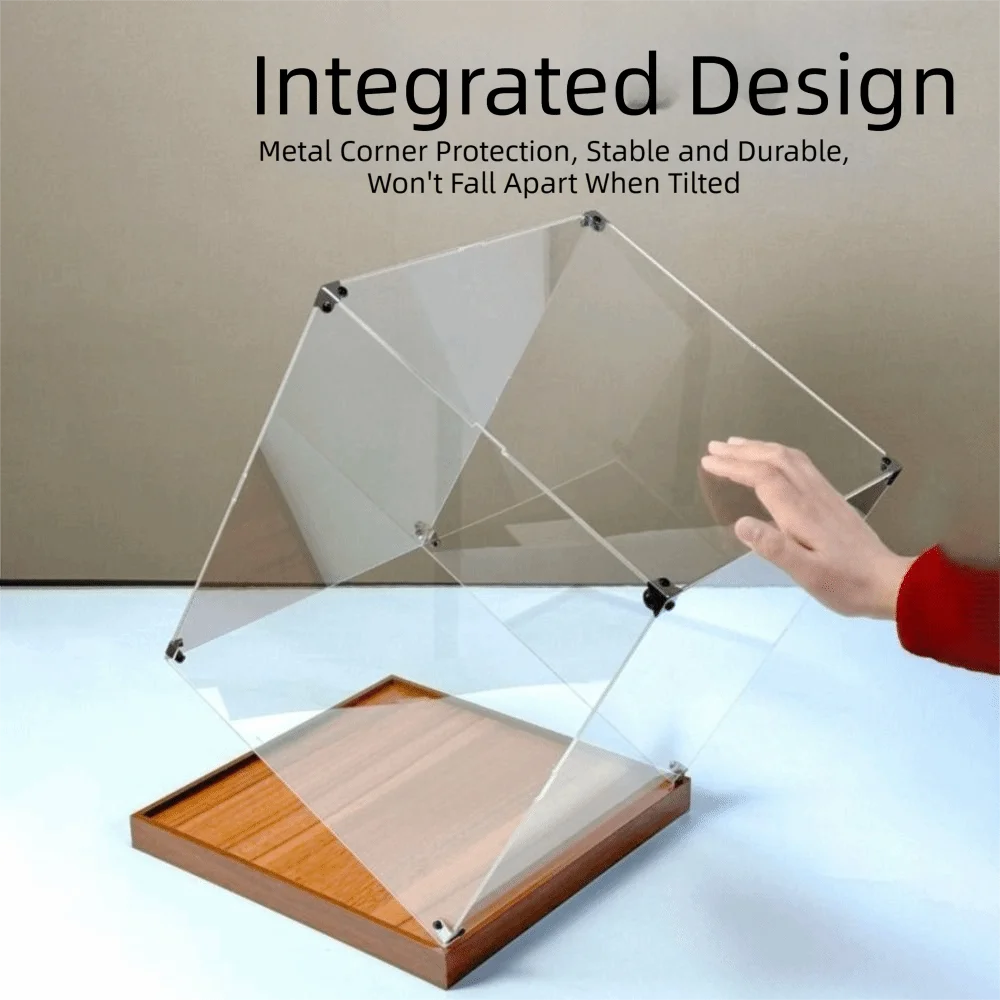 présentation support transparent moderne plateau bois structure acrylique anti poussière empilable respectueux environnement minimaliste