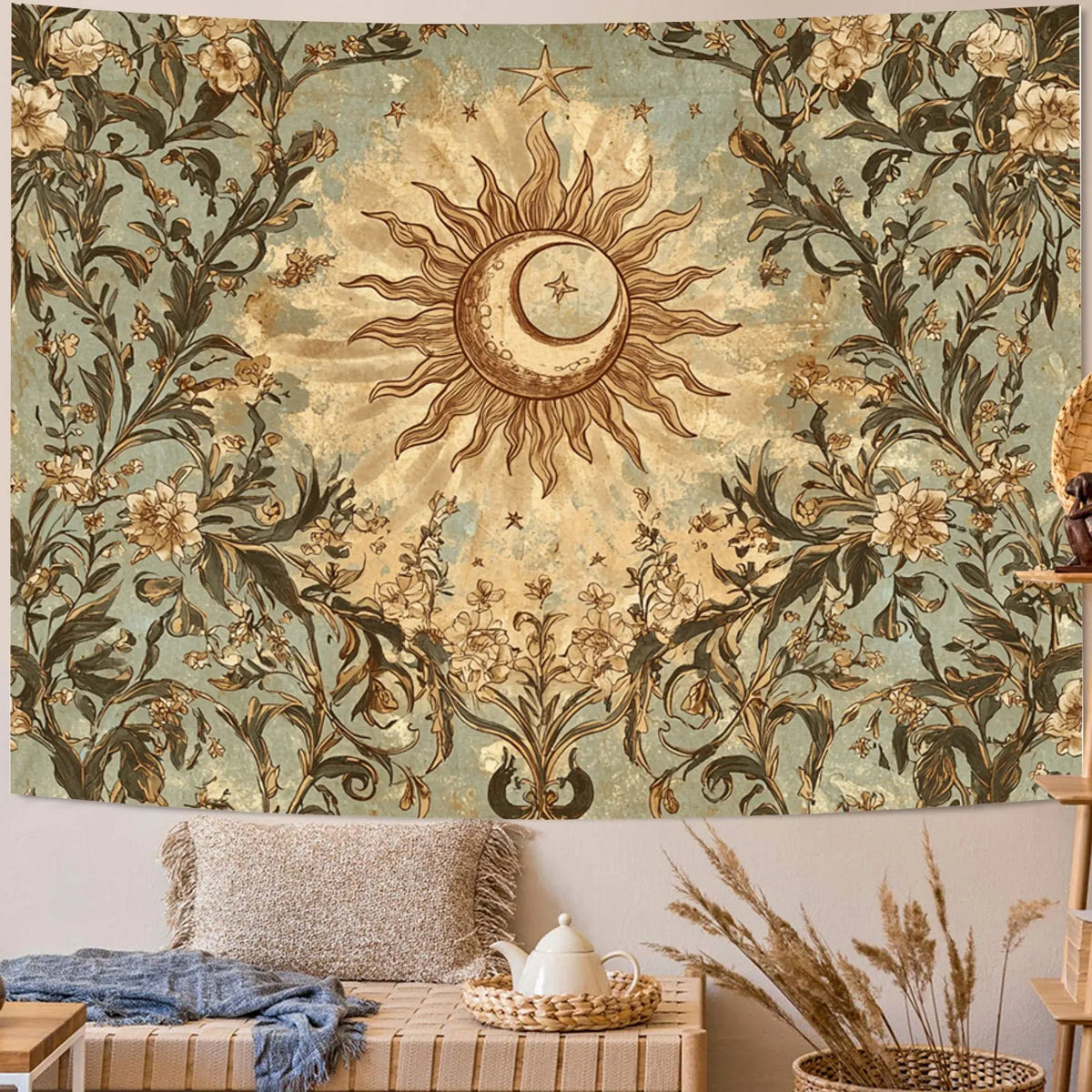tapisserie murale vintage floral soleil lune romantique vert marron beige décoration salon chambre moderne