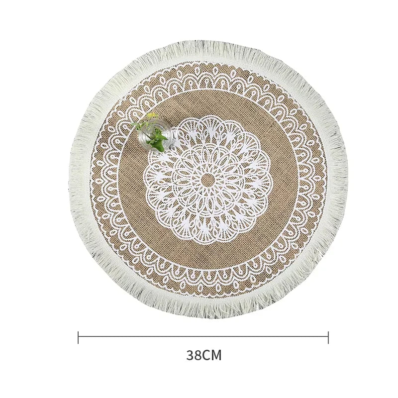 tapis rond boho chic motif floral franges beige clair salon chambre coucher moderne geometrique