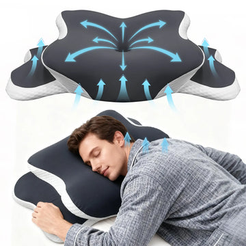 oreiller cervical ergonomique mousse mémoire forme soulagement douleur cou housse soie glacée patchwork bleu