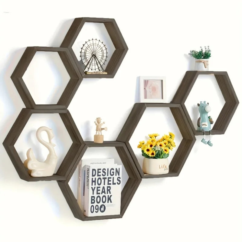 étagères murales hexagonales bois marron foncé modernes minimalistes adhésives plantes vase cadre figurine livre