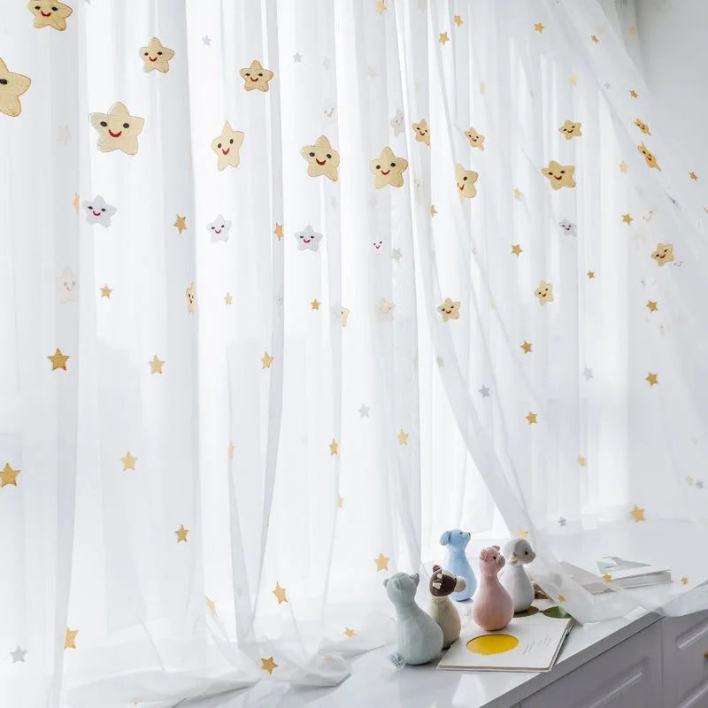 rideau blanc étoiles souriantes transparent moderne chambre d'enfant polyester brodé