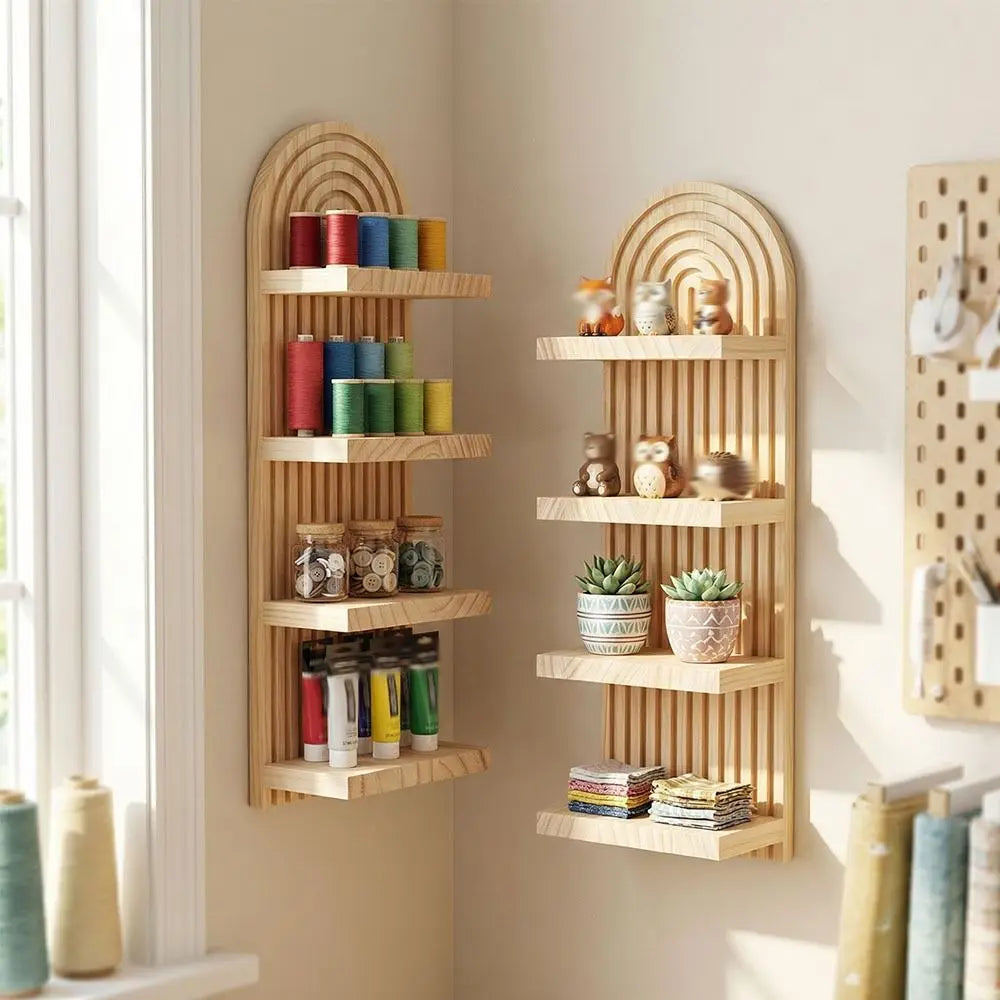 étagère murale bois quatre niveaux moderne minimaliste rayures verticales naturel beige clair