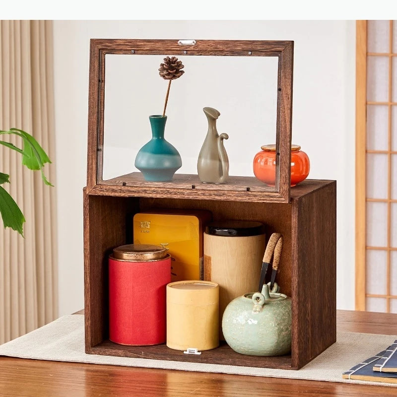 boîte souvenirs bois rustique porte vitrée présentoir organisation vases céramique livres horloge réveil