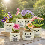 plantes artificielles tricotées fleurs feuilles pot décoratif artisanal violettes blanches vertes beige encouragement