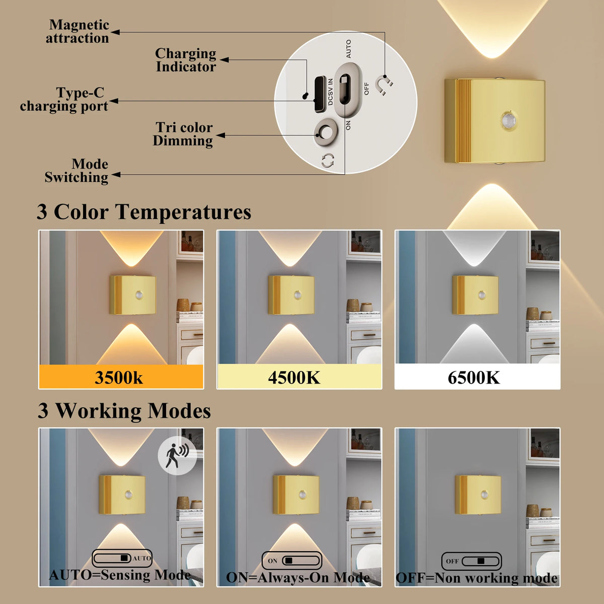 lampe murale moderne dorée led rechargeable détecteur mouvement 120deg angle chambre salon