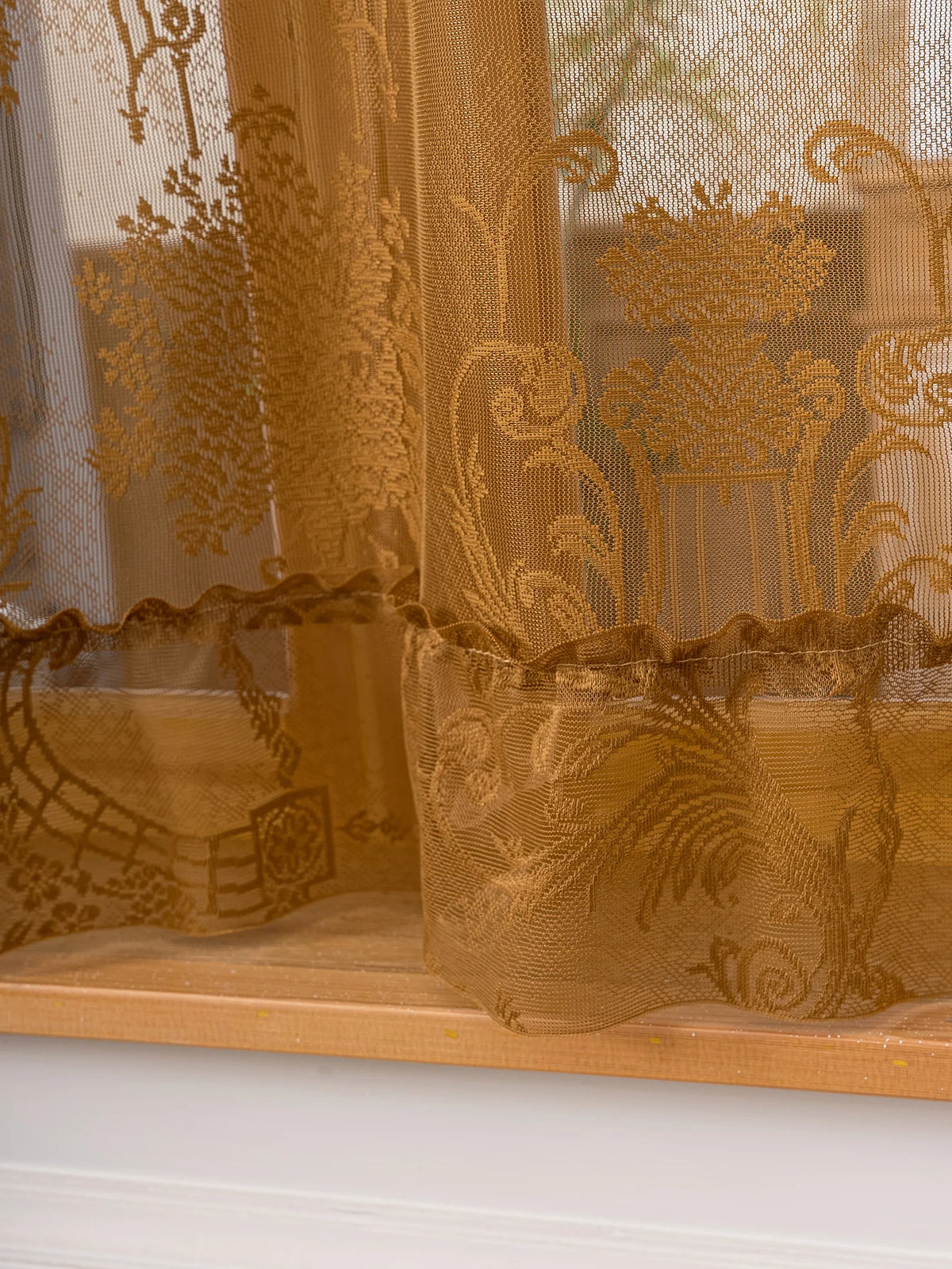 rideau semi transparent brodé floral or beige classique cuisine salle bain polyester