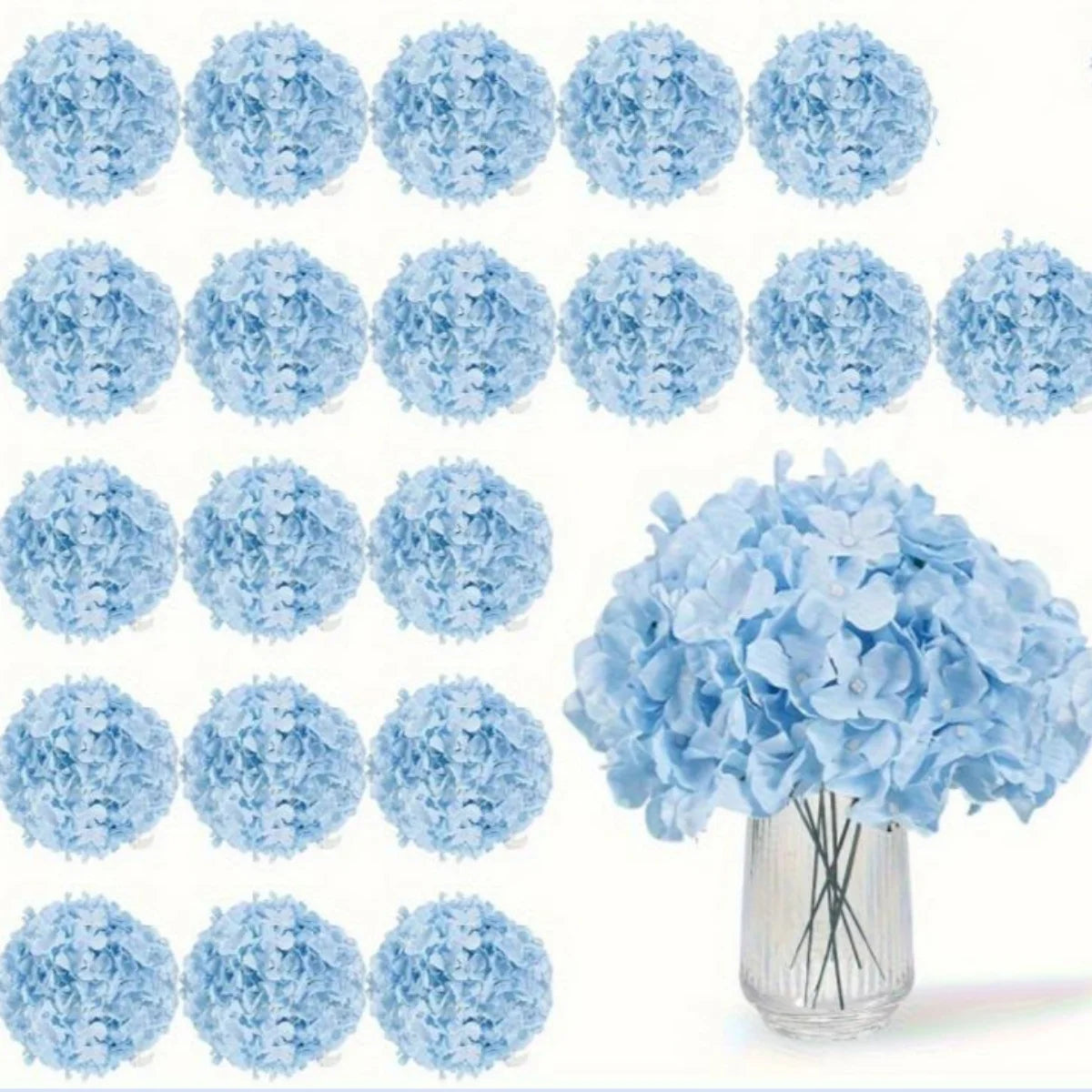 bouquet artificiel 20 fleurs hortensia bleu blanc rose pâle vase verre moderne minimalisteintérieur mariage
