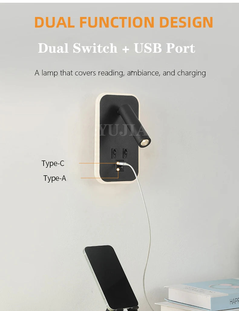 lampe murale multifonction moderne prise usb interrupteur double finition noire blanche minimaliste