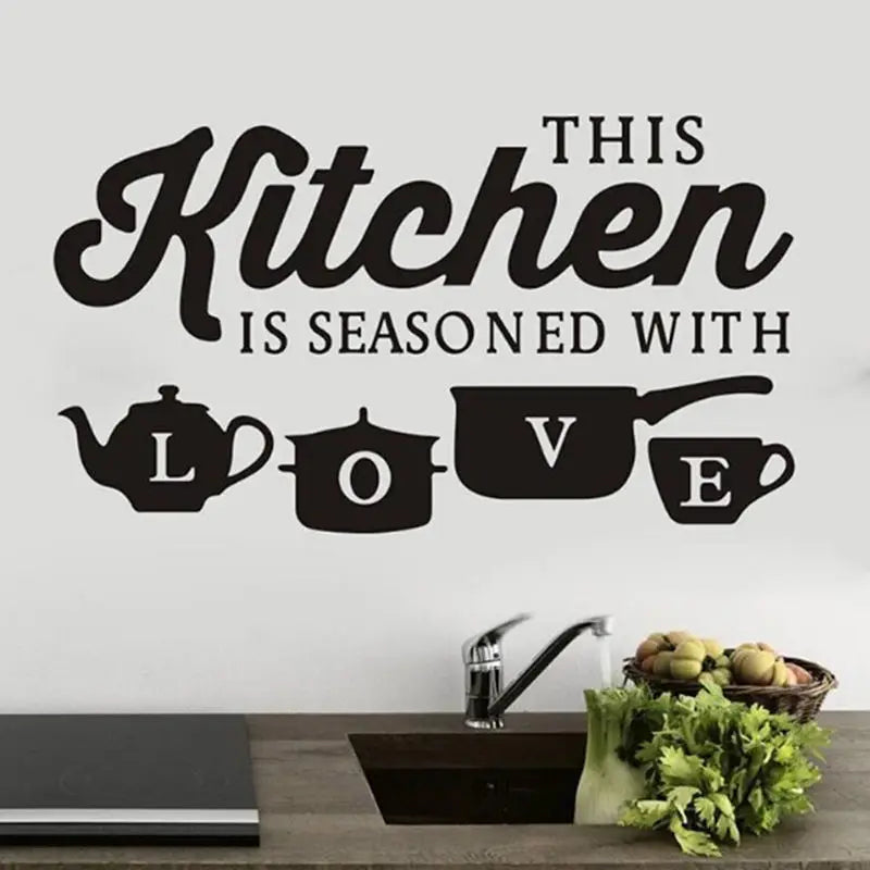 autocollants muraux décoration noirs théière casserole tasse love typographie maison restaurantscrição