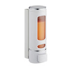 distributeur savon liquide or argent blanc moderne finition métallique fenêtre transparente minimaliste vis