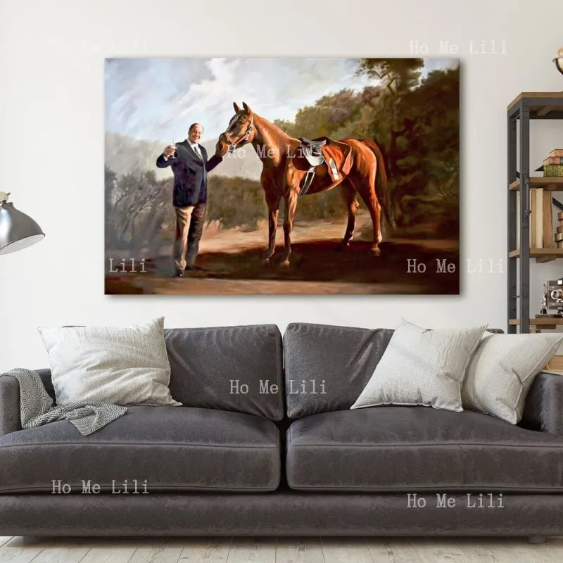 peinture toile homme cheval paysage rural marron gris bleu blanc decoration maison unique classique