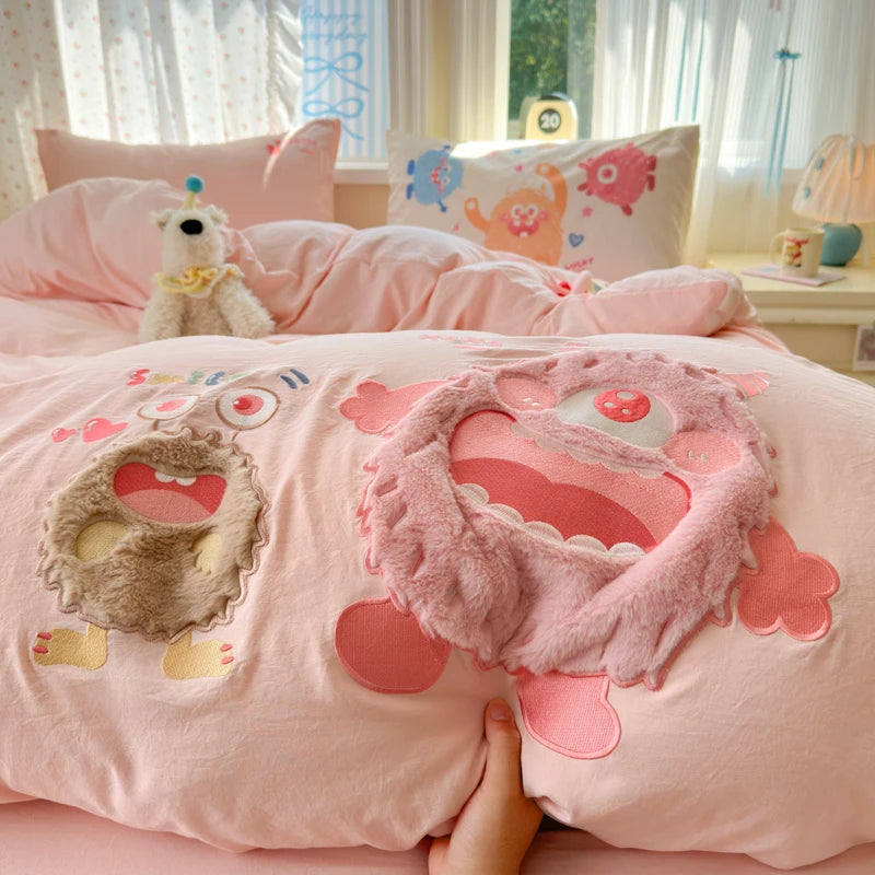 parure lit enfant fille rose chat mignon housse couette drap taies oreiller coton