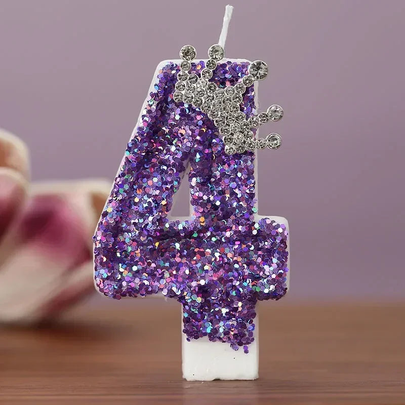 bougies anniversaire chiffres violet paillettes décoratives brillantes gâteau princesse festive