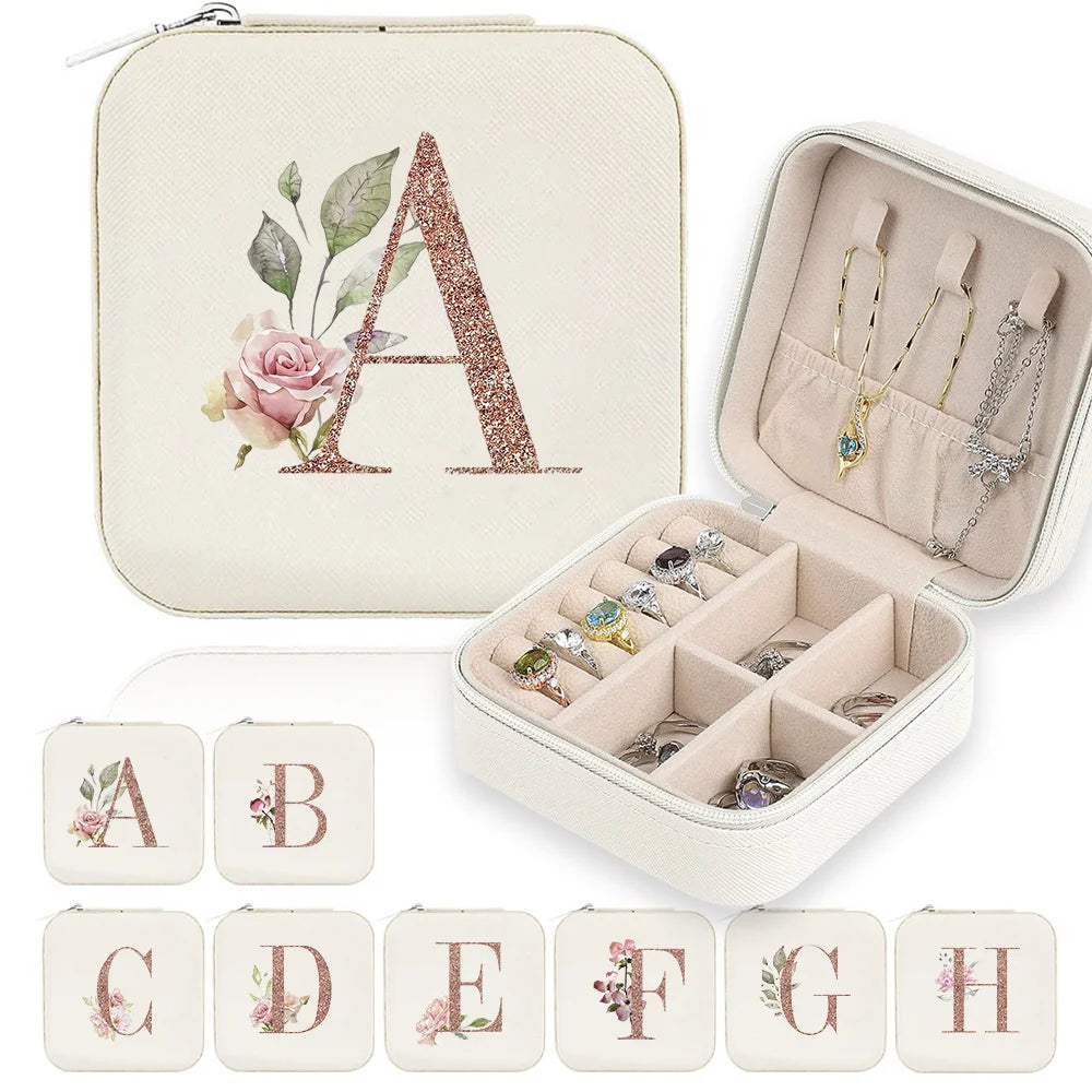 boîte bijoux portable cuir beige motif floral fermeture glissière voyage organisateur