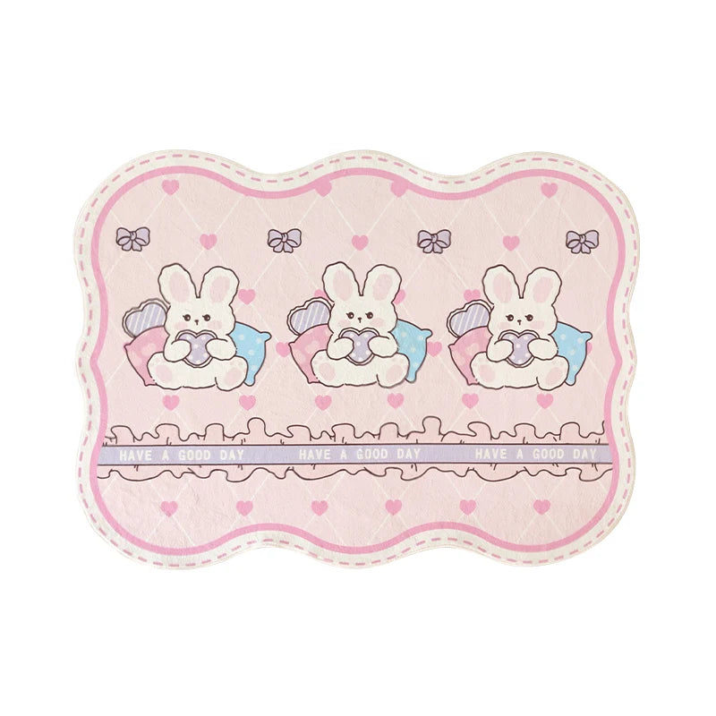 tapis dessin animé ours fruits fleurs vert clair rose pâle beige antidérapant confortable intérieur