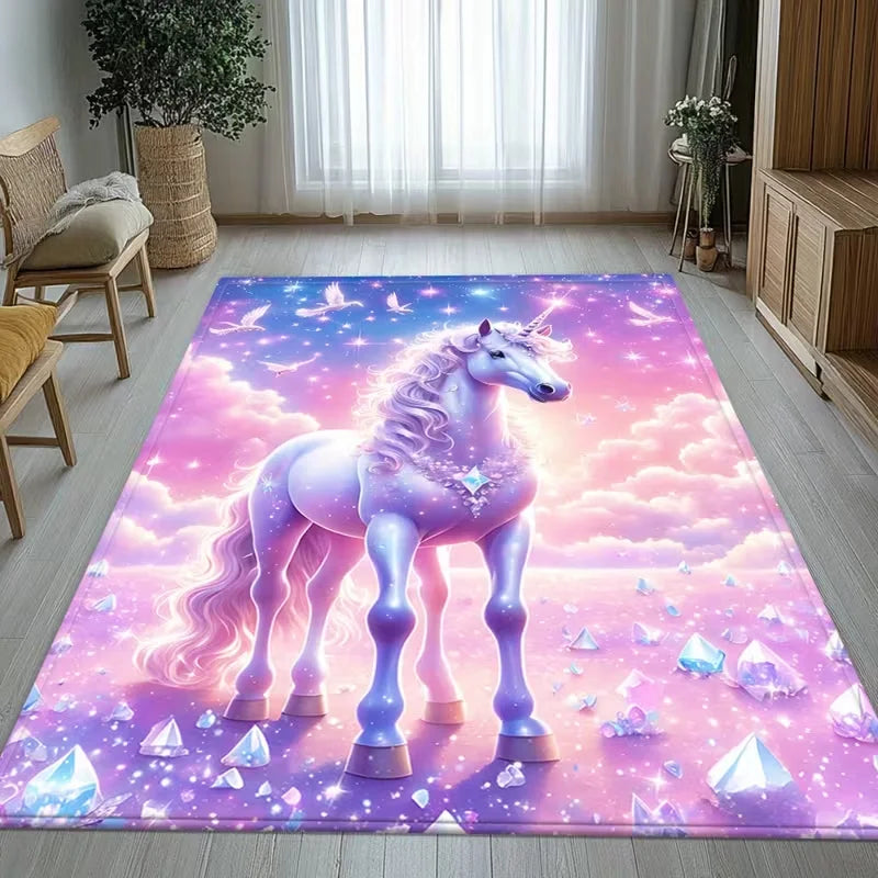 tapis licorne scénique violet rose blanc coeurs étoiles moderne antidérapant sol chambre enfant fantaisie