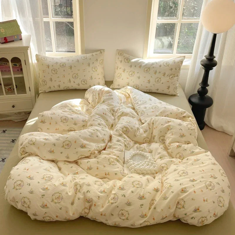 parure lit fille housse couette fleurs coeurs doux pastel coton polyester