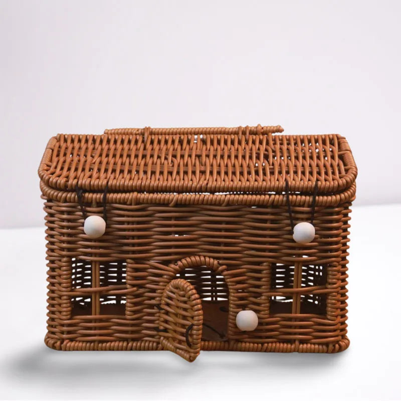 panier rangement osier motif maison fenêtres porte vintage bleu vert rose marron beige poignée