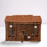 panier rangement osier motif maison fenêtres porte vintage bleu vert rose marron beige poignée