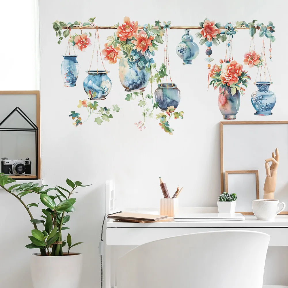 sticker mural fleurs vases colorés art floral vintage auto adhésif pvc résistant eau salon