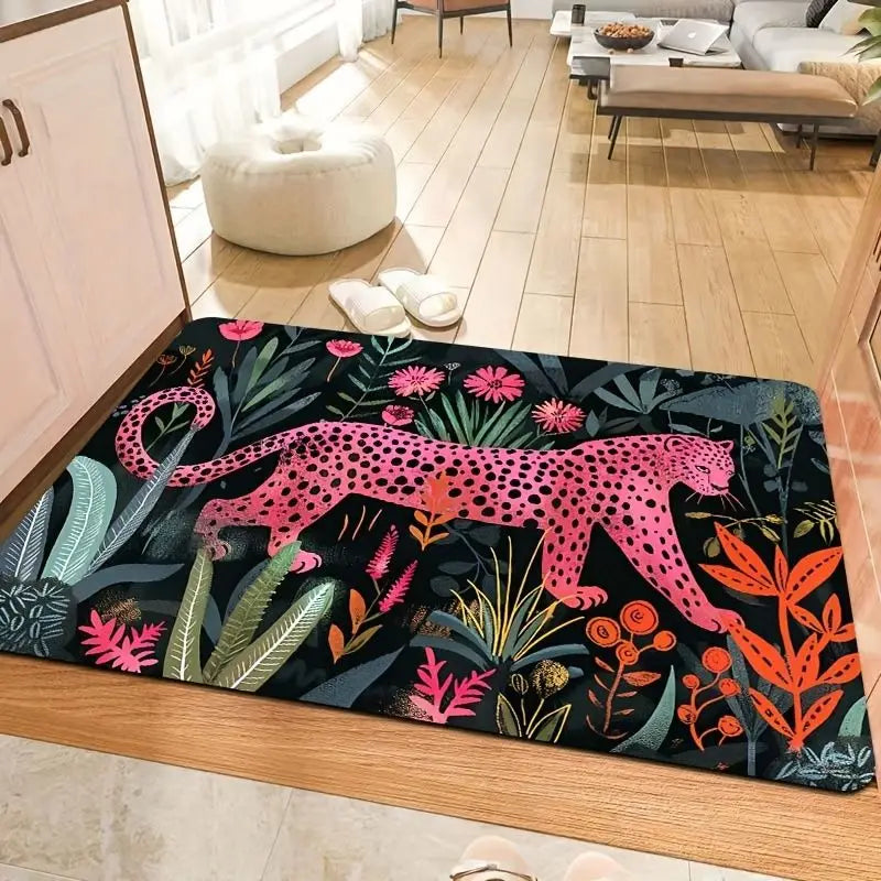 tapis moderne léopard fleurs antidérapant rose noir entrée salle bain porche
