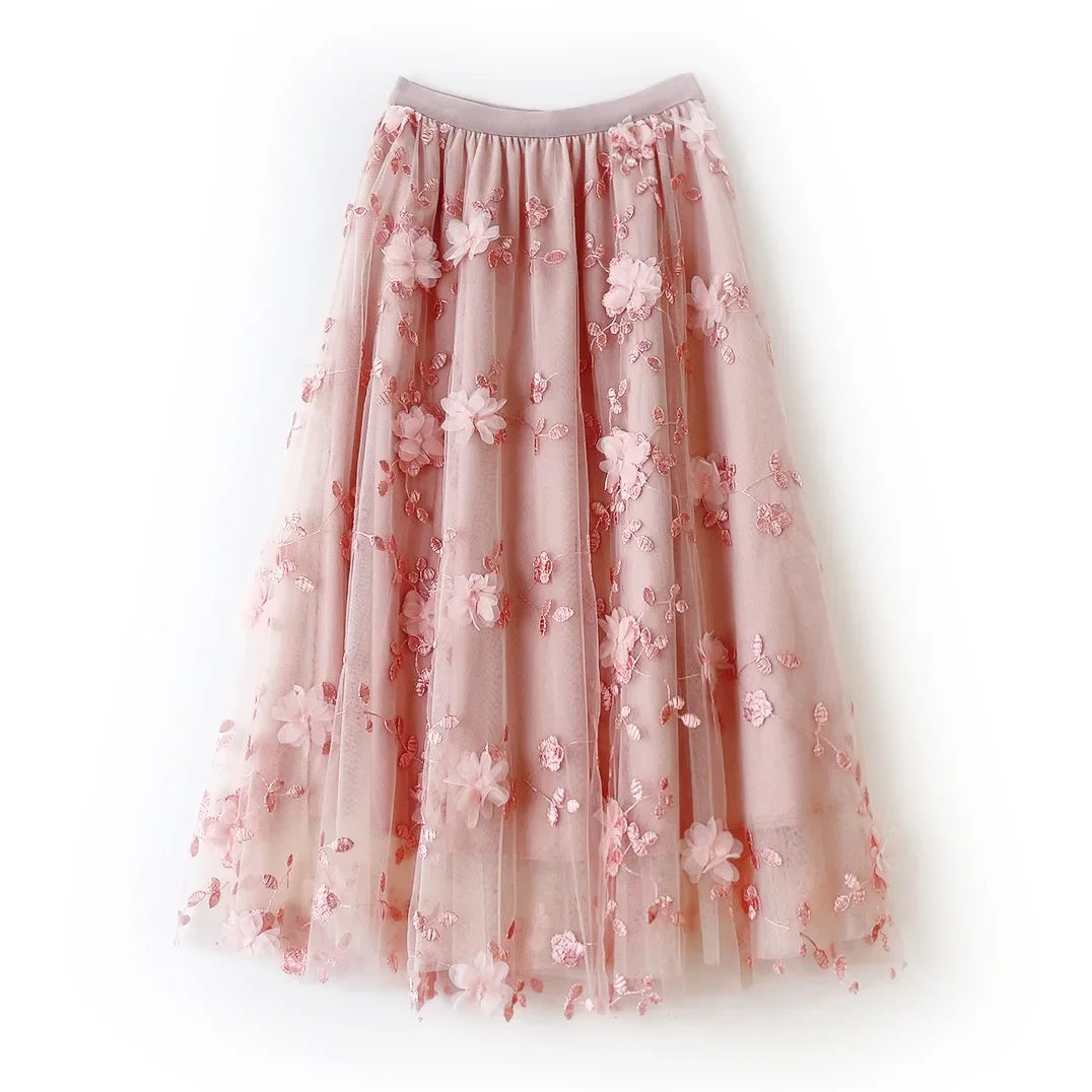 jupe rose fleurs relief tulle élastiquée printemps été féminine élégante romantique coton polyester junior