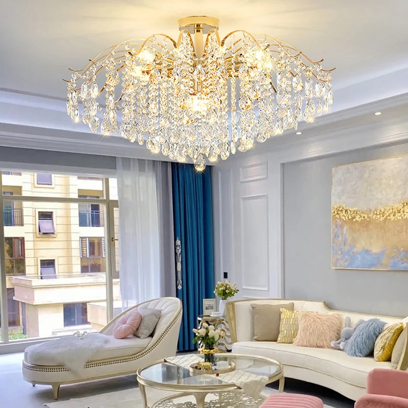 chandelier moderne crystal or led lumiere salle blanche bleue élégante