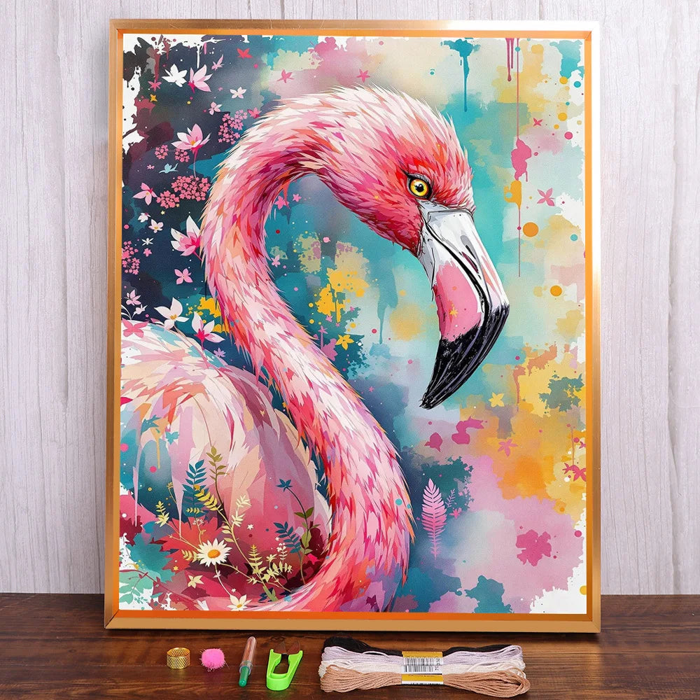 tableau broderie point croix flamant rose oiseau abstrait coton éco ruban guide moderne