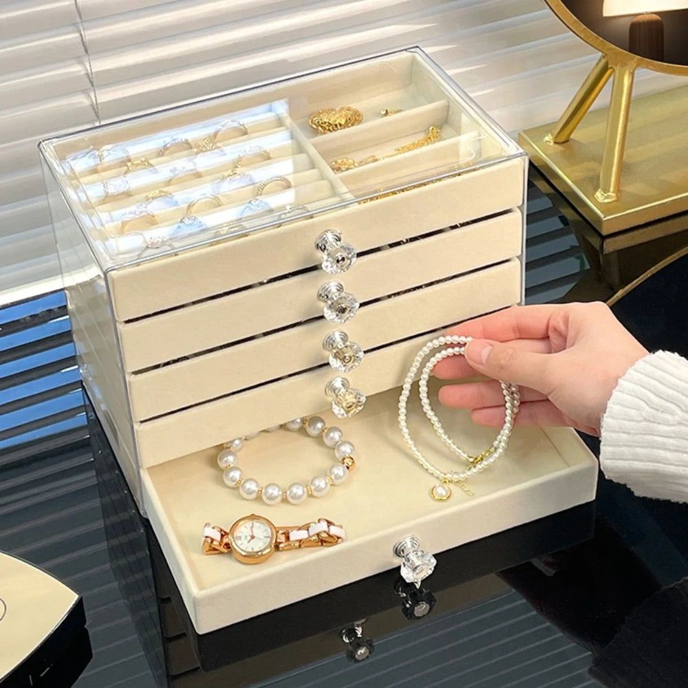 boîte bijoux velours beige clair poignées moderne rangement colliers bagues montres boucles d'oreilles
