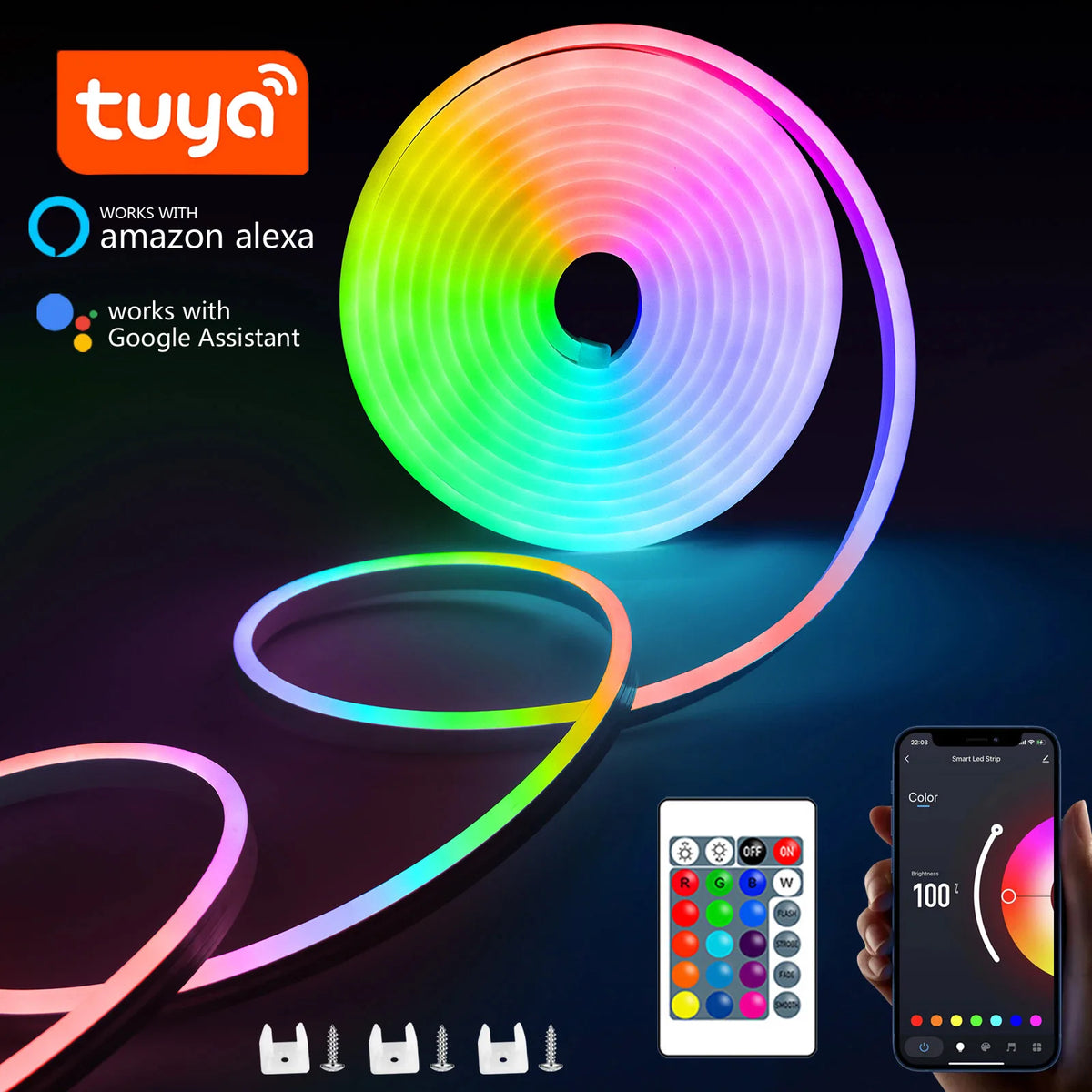 ruban led flexible multicolore rgb moderne clips contrôleur distance éclairage salon technologie usb tuya