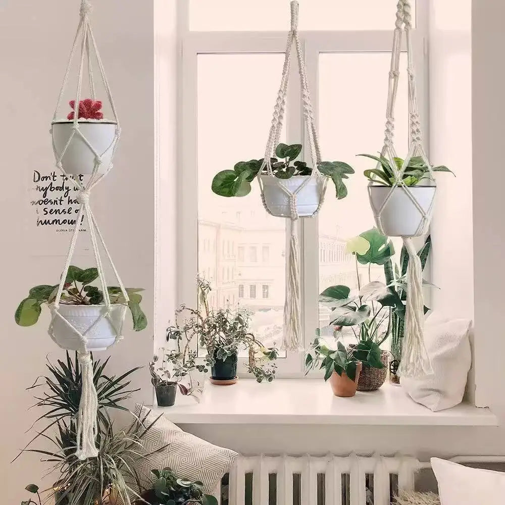 support plante suspendue macramé boho panier blanc noeuds réguliers artisanal pot fleuri