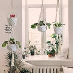 support plante suspendue macramé boho panier blanc noeuds réguliers artisanal pot fleuri