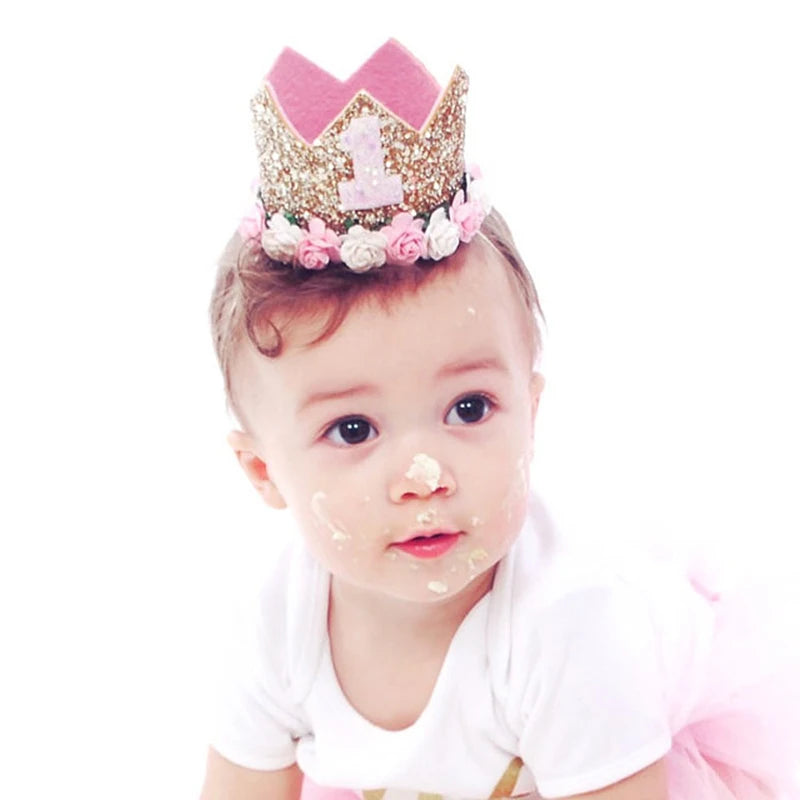 couronne enfant anniversaire ans paillettes or rose blanche fleurs artificielles bandeau élastique princesse festif