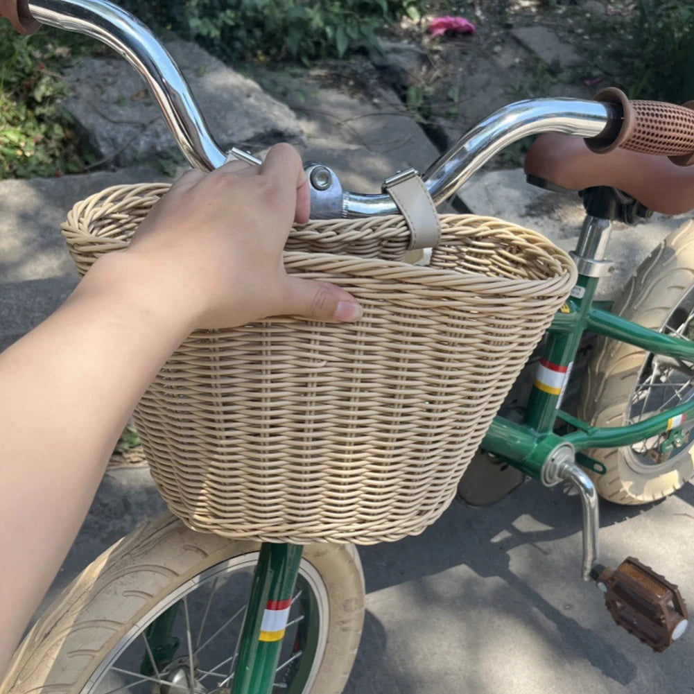 panier vélo tressé marron rose bleu noir blanc vert clips métalliques vintage opacité