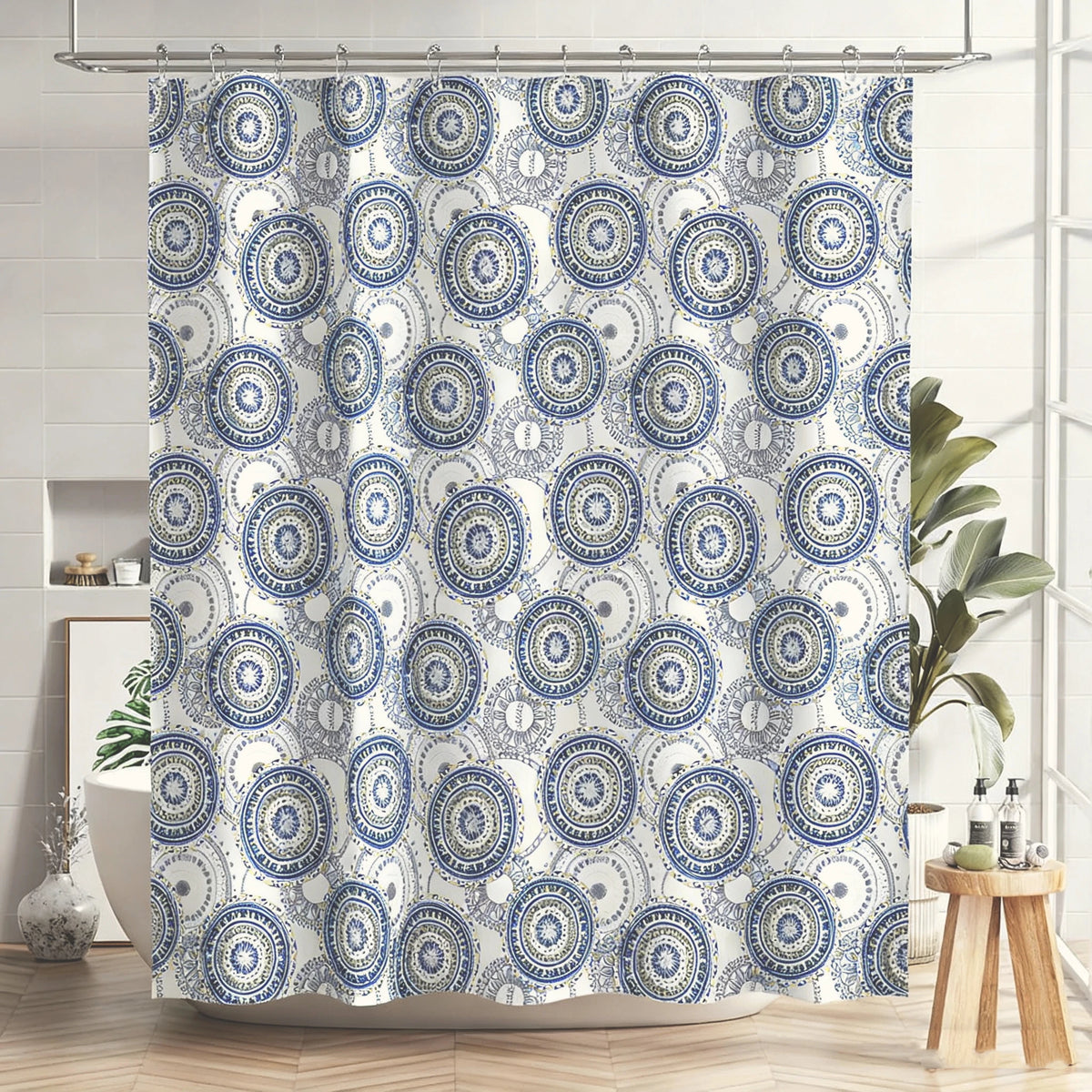 rideau douche polyester blanc fleur géométrique moderne anneaux