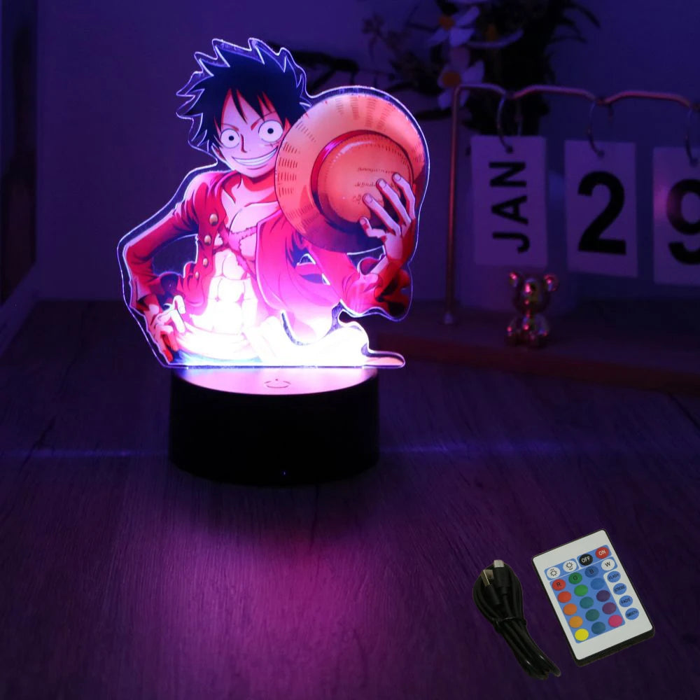 lampe led 3d anime luffy zorro cracked surface télécommande câble usb nocturne rouge vert