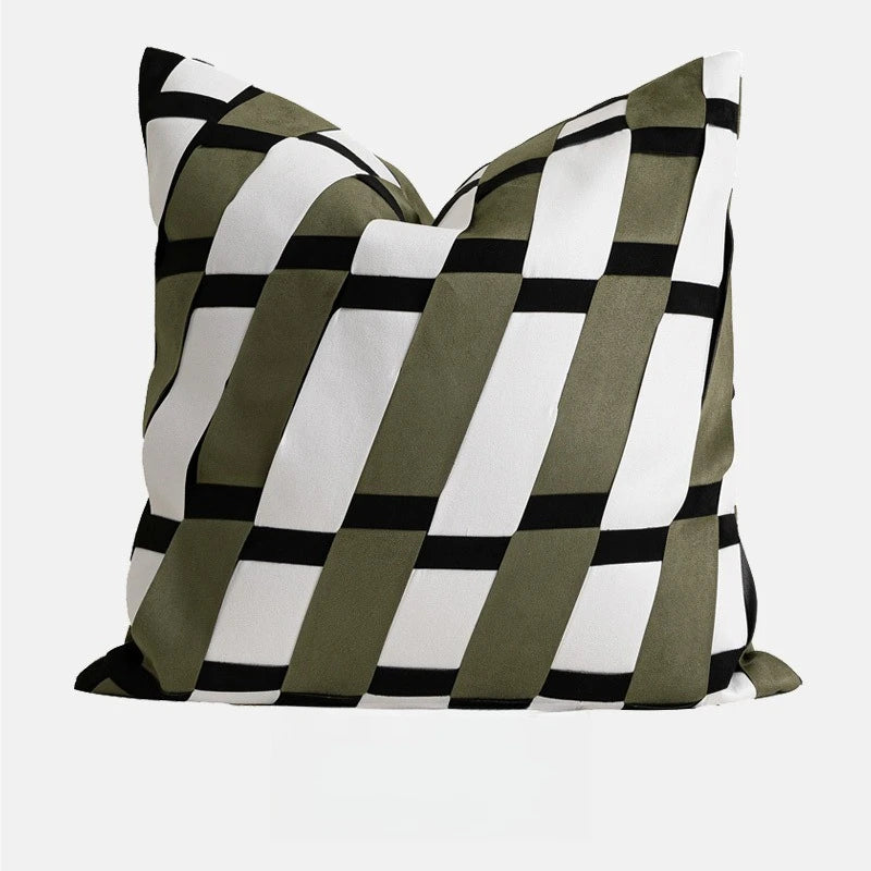 housse coussin vert olive motif géométrique contemporain polyester respectueux environnement coussin