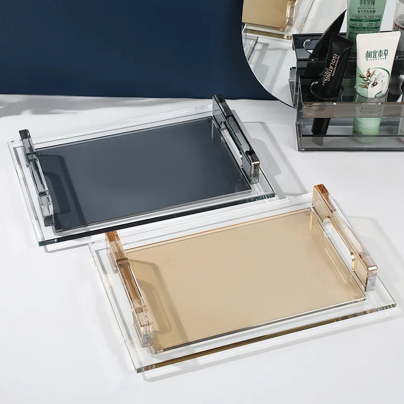 plateau rangement cristal transparent moderne poignée imitation marbre opaque 32x20cm élégant gravure polissage européen