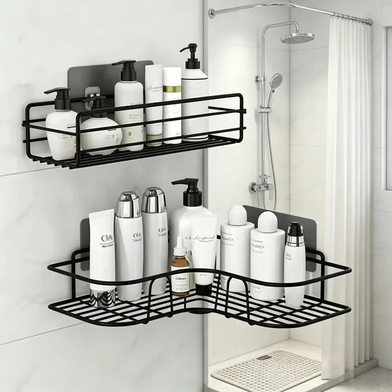 étagères salle bain noir grille métal moderne adhésif papier toilette brosse dents dentifrice cosmétiques