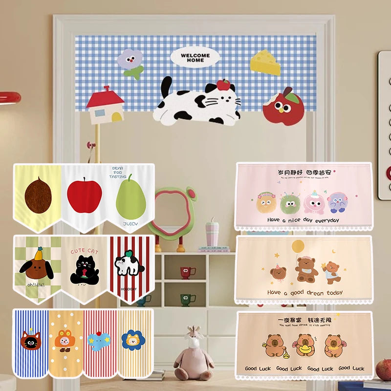 bannière décoration porte fenêtre motif carreaux fruits animaux kawaii enfant 95x45cm