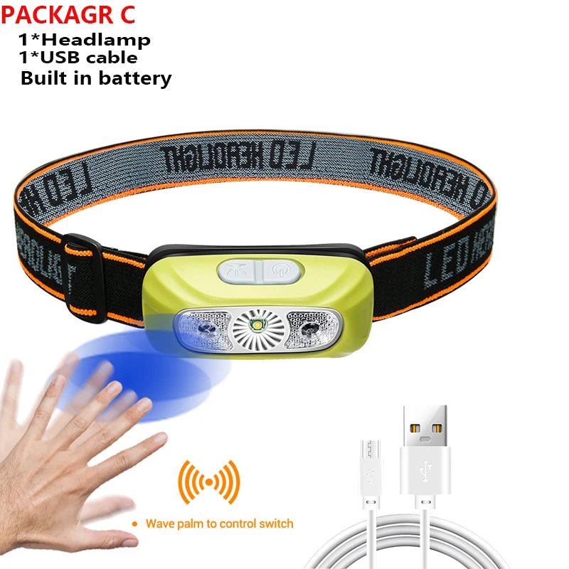 lampe frontale led rechargeable sensor switch ceinture élastique mode pratique orange vert noir