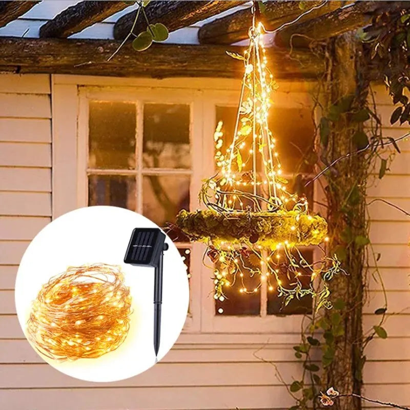 guirlande lumineuse solaire 100 led blanc chaud multicolore fil cuivre moderne extérieure noël mariage