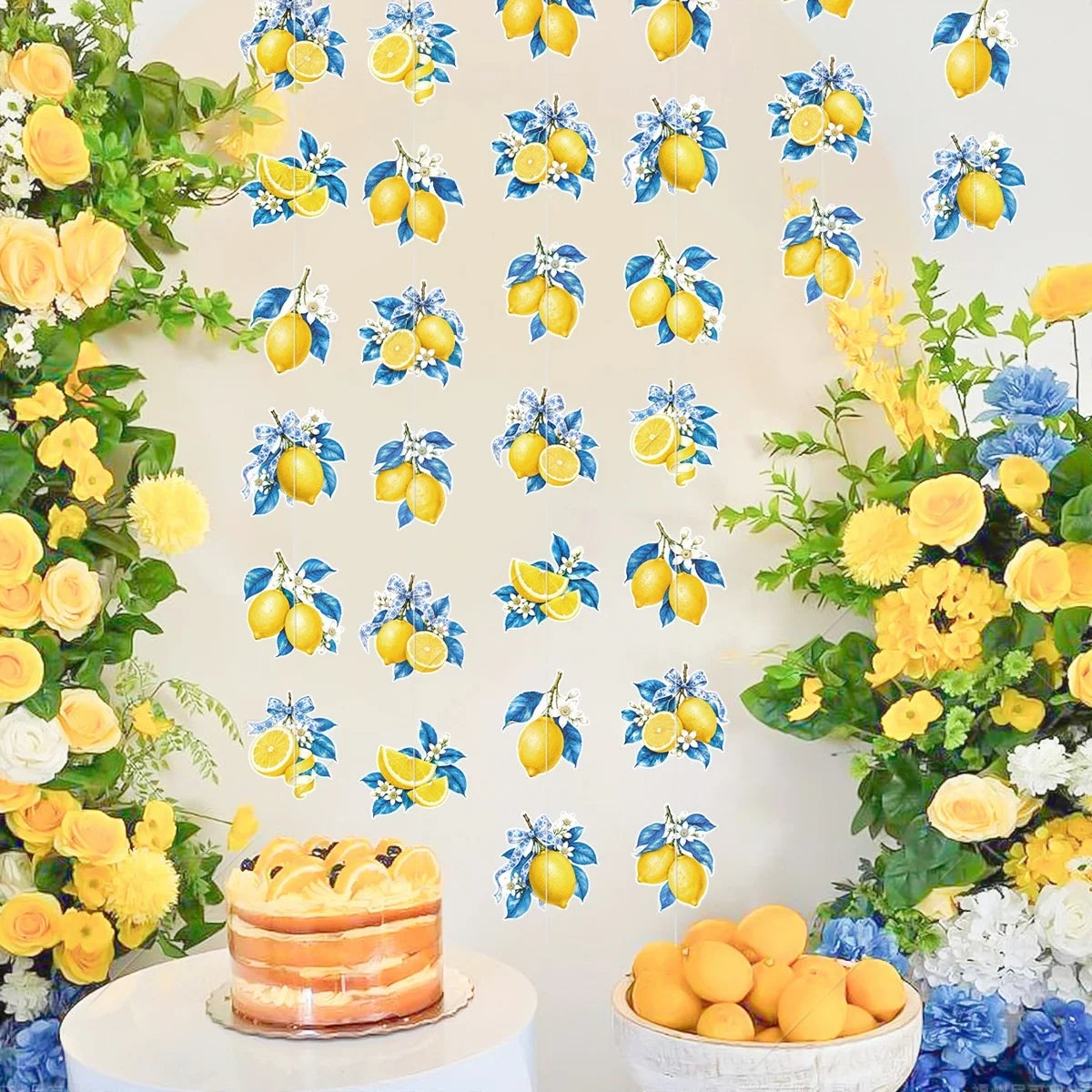 rideau blanc jaune bleu motif citron feuilles adhésif décoration anniversaire fête vintage