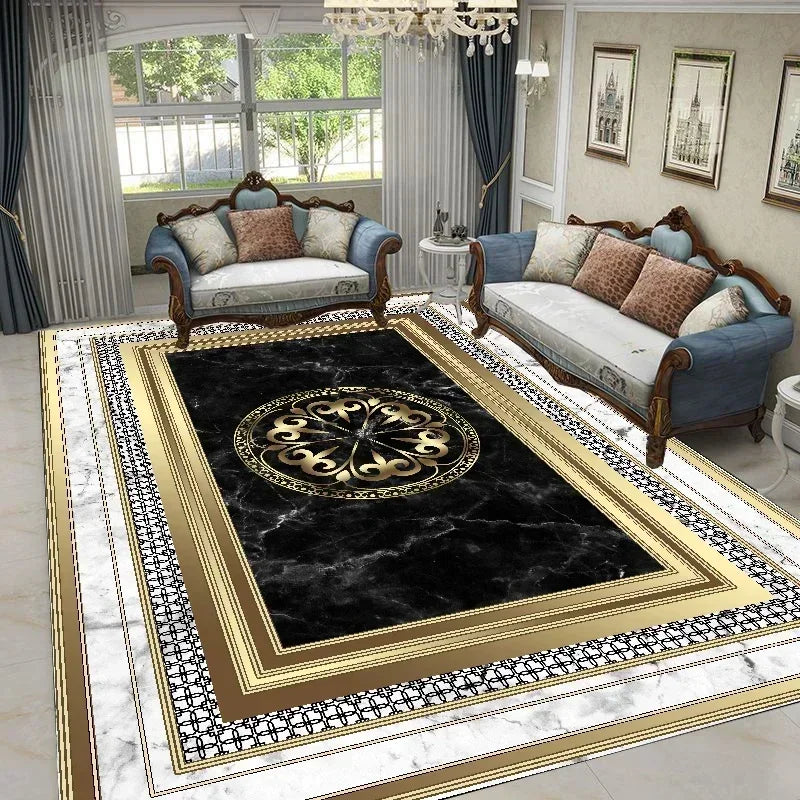 tapis géométrique noir doré moderne salon chambre rectangle polyester aubusson floral