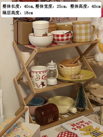 étagère pliable bois moderne assiettes tasses bol pot miel bouteille eau plantes minimaliste
