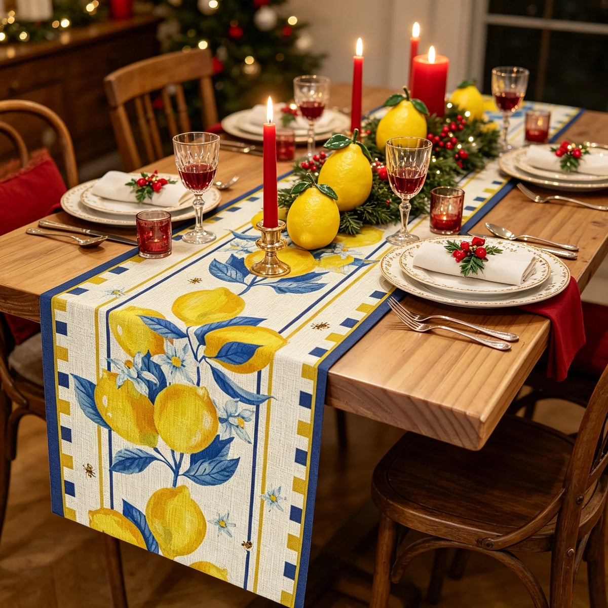 chemin table citron abeille été blanc jaune bleu décoratif rustique table maison noël halloween
