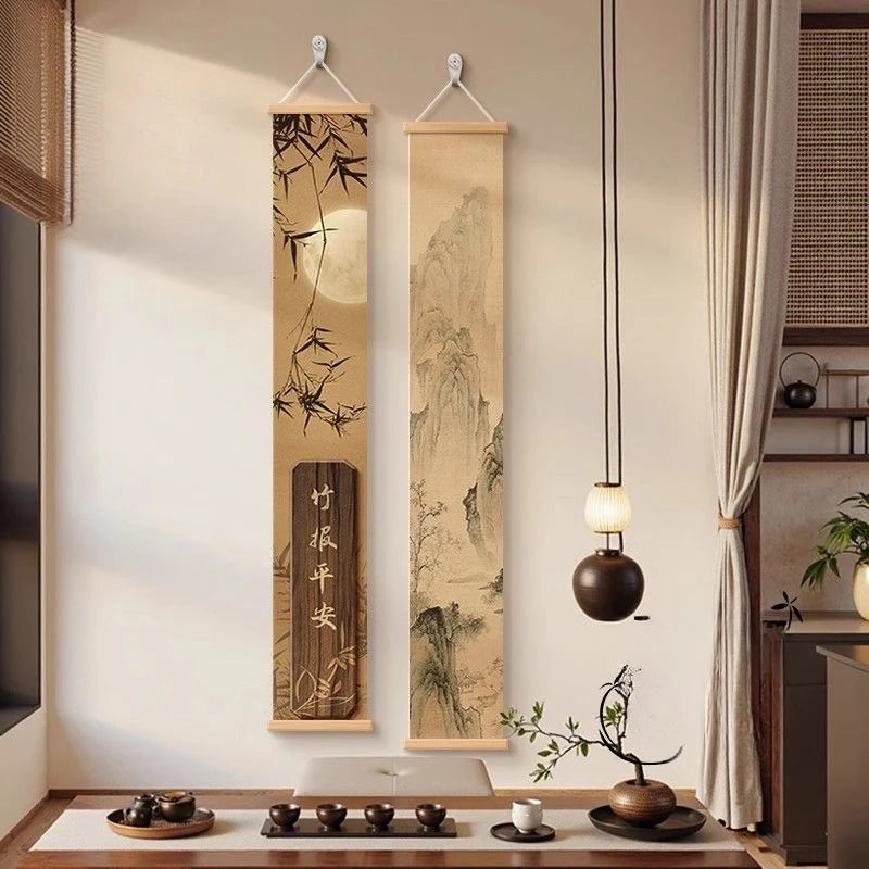 tapisserie murale japonaise paysage bambous oiseaux fleurs art oriental décor salon couloir beige noir